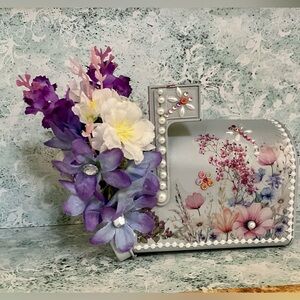 Handmade Floral Decorative Tin  Mailbox with Purple and White Accents